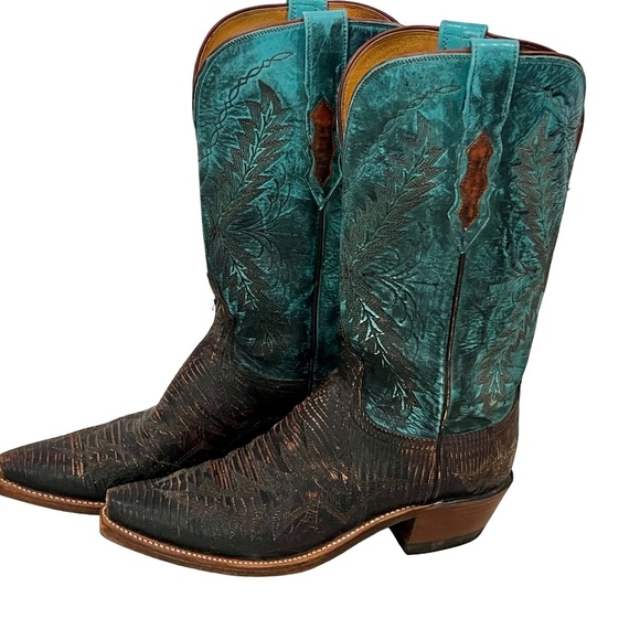 Lucchese 1883 Womens Western Boots - Teal and Brown Leather Size 8B - Picture 1 of 12